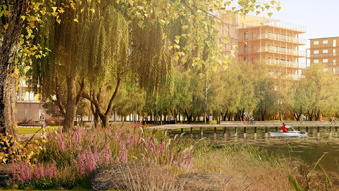 Visionsbild på västra delen av Skeppsbroparken. Man ser massa grönskande träd, bryggorna i vattnet. Folk går omkring i parken, på bryggorna, och åker båt i sjön.