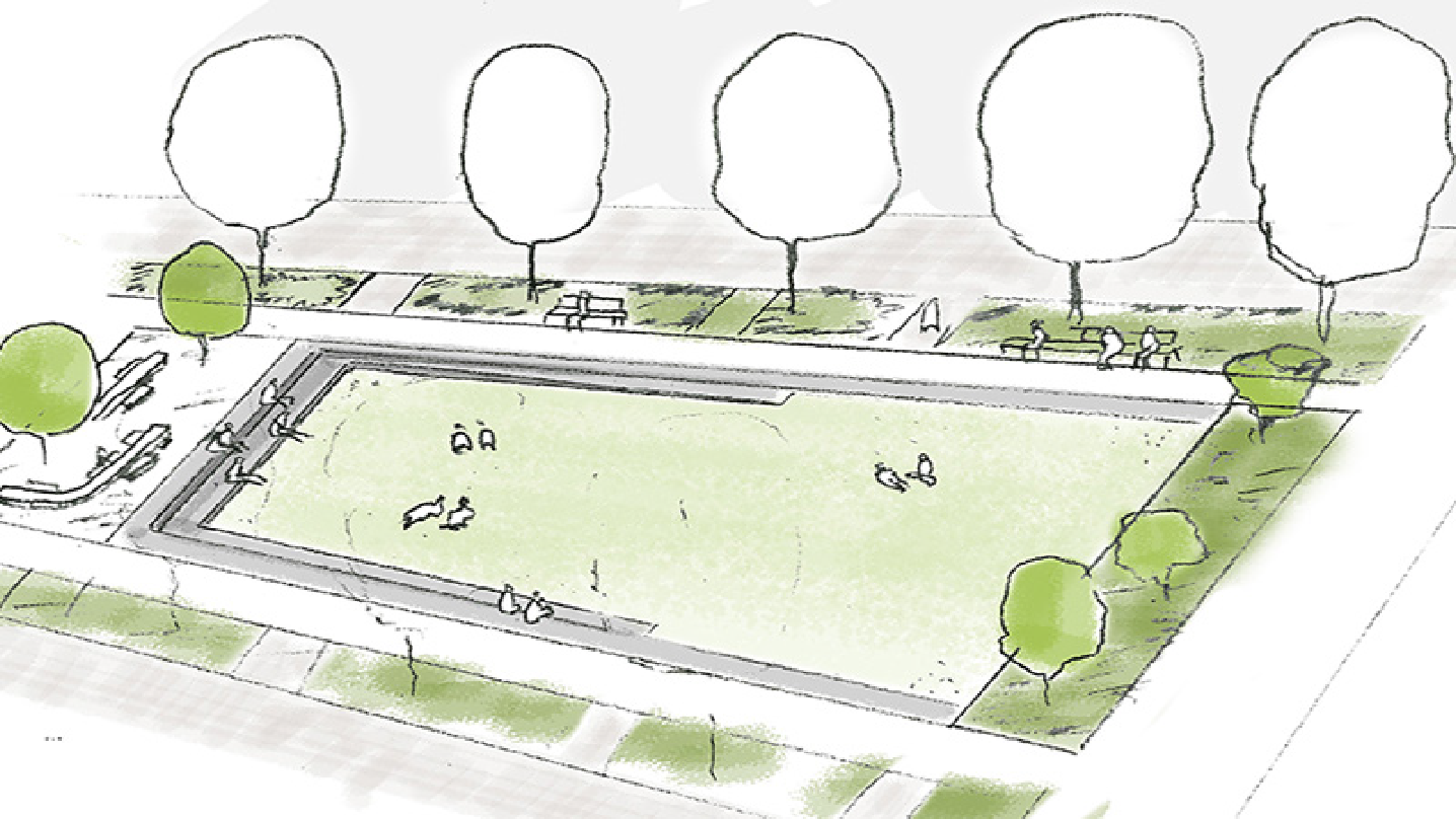 Illustrerad visionsbild av tallahovsesplanaden. En esplanad med mycket grönyta och växtlighet.
