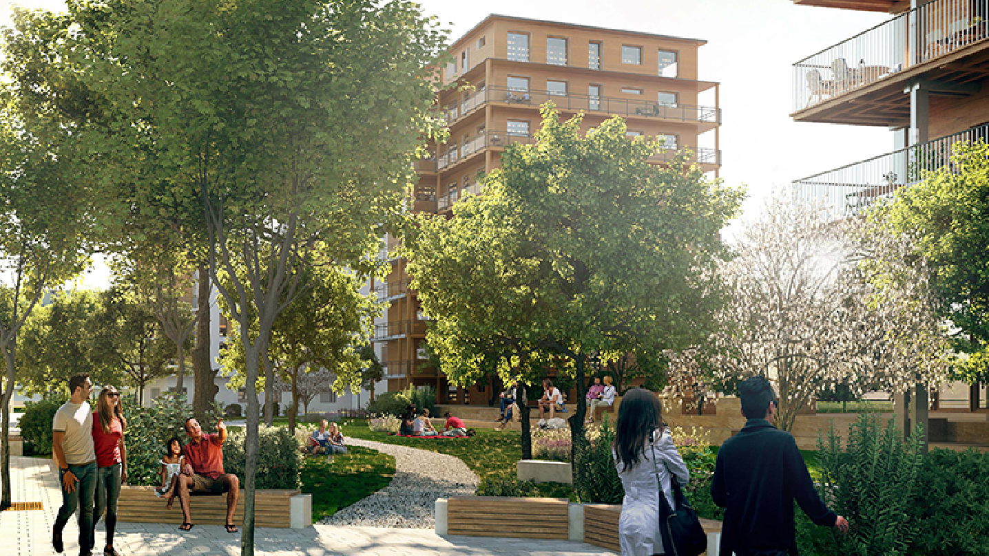 Visionbild på ett kvarter i Skeppsbron. Höga flerbostadshus, grönskande träd, grönområde, människor som strosar runt i området.