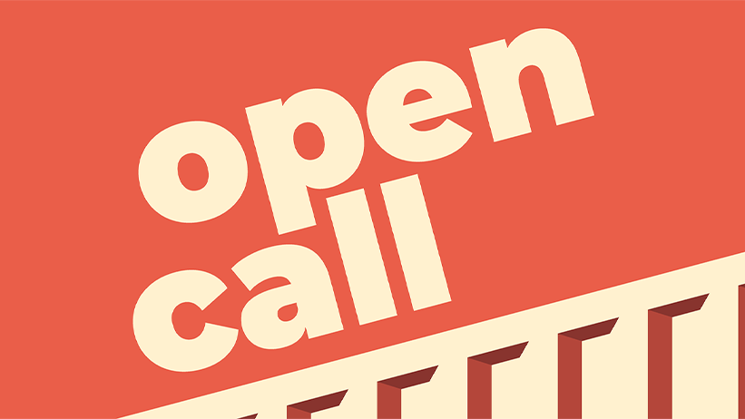 Röd illustrerad bild med texten "Open call"