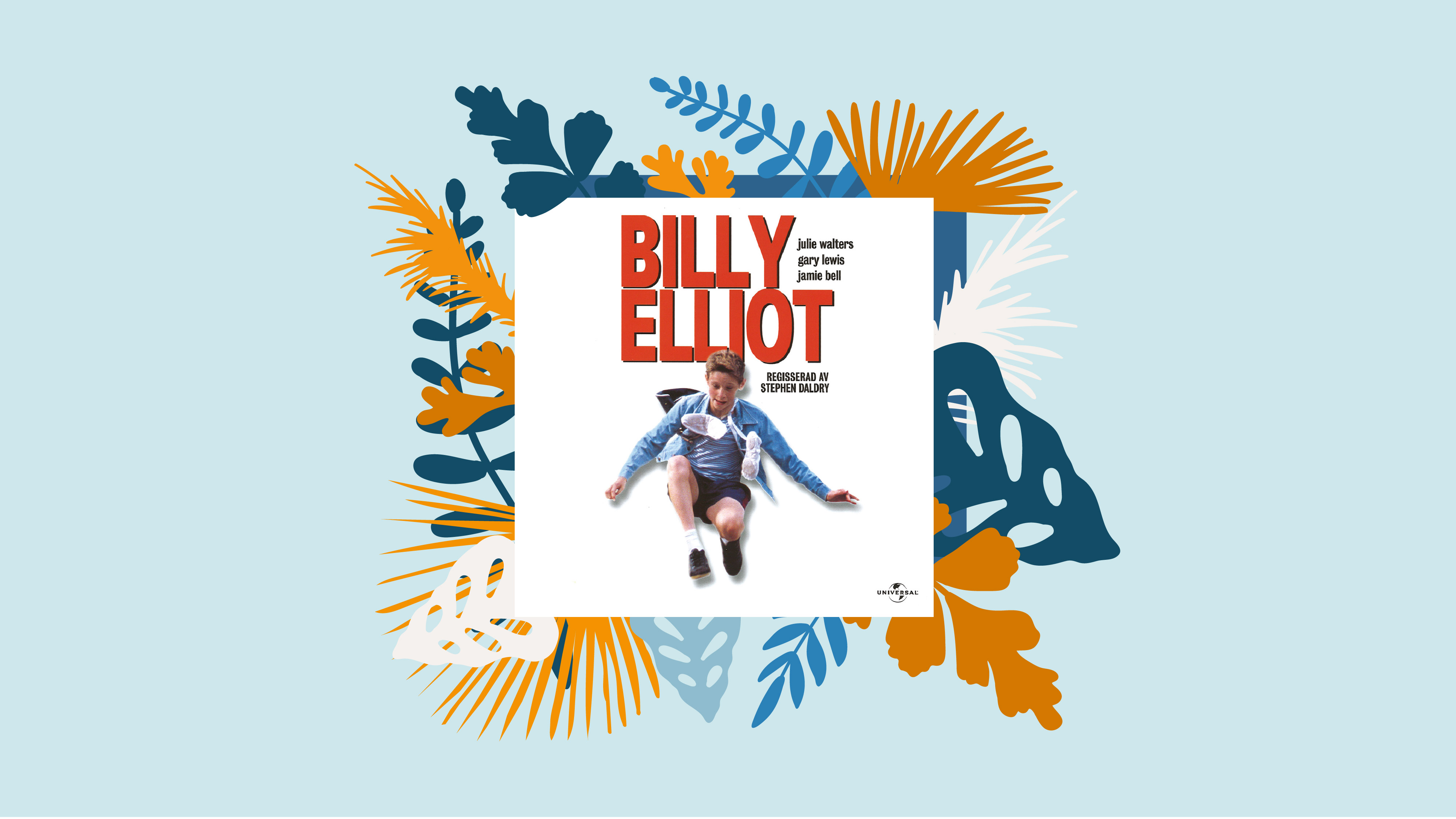 En omslagsbild på Billy Elliot som med ett par balettskor knutna runt halsen tar ett hopp upp i luften. 