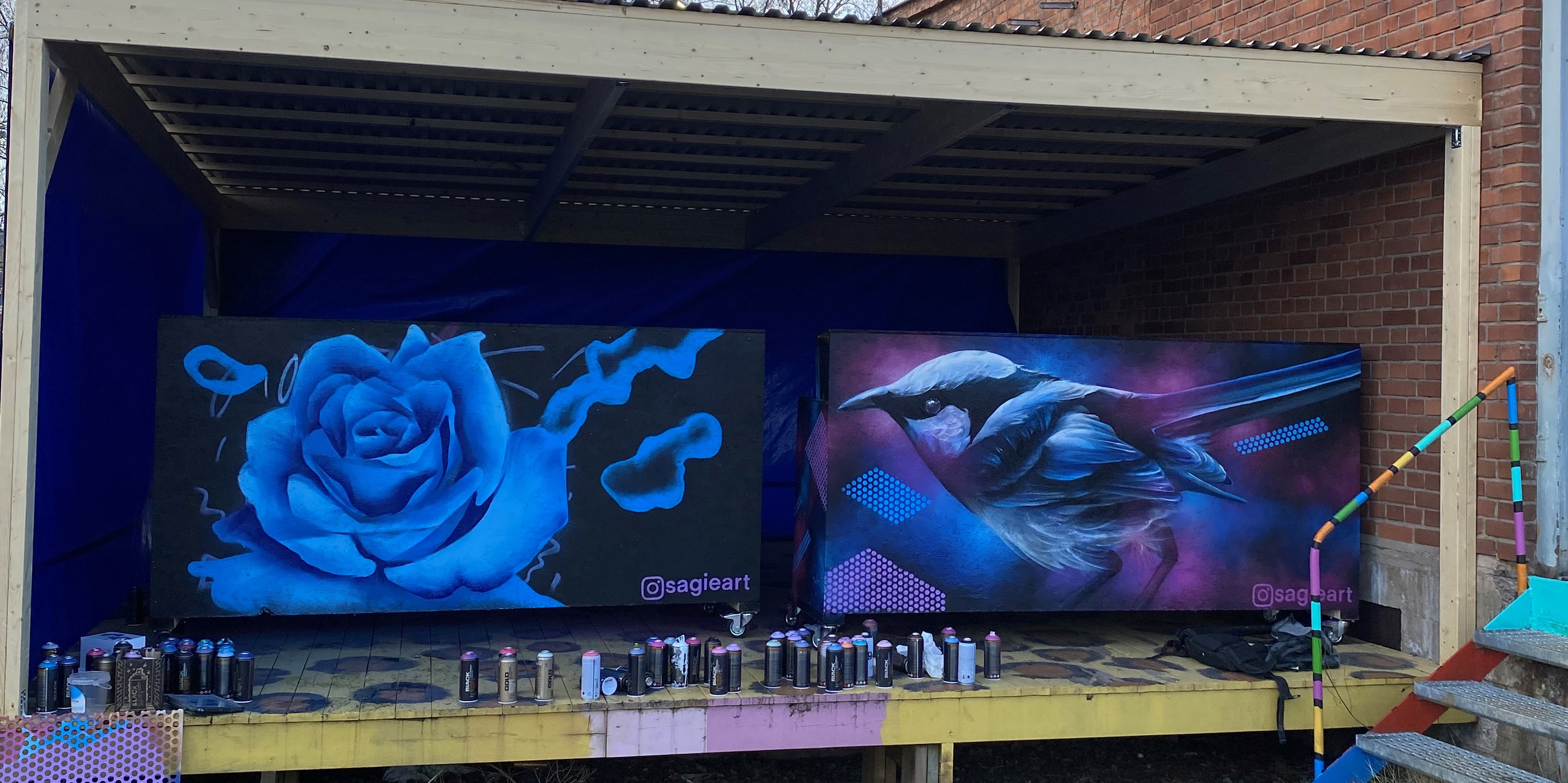 De två bardiskarna. Den ena föreställer en fågel och den andra en ros. Båda går i lila och blåa toner. Framför bardiskarna står sprayflaskor som använts till målningarna. 