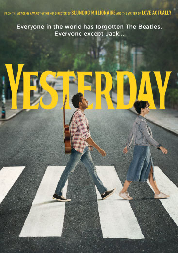 En man och en kvinna promenerar över ett övergångställe. Mannen har en gitarr på ryggen. I bakgrunden står texten YESTERDAY i gult.