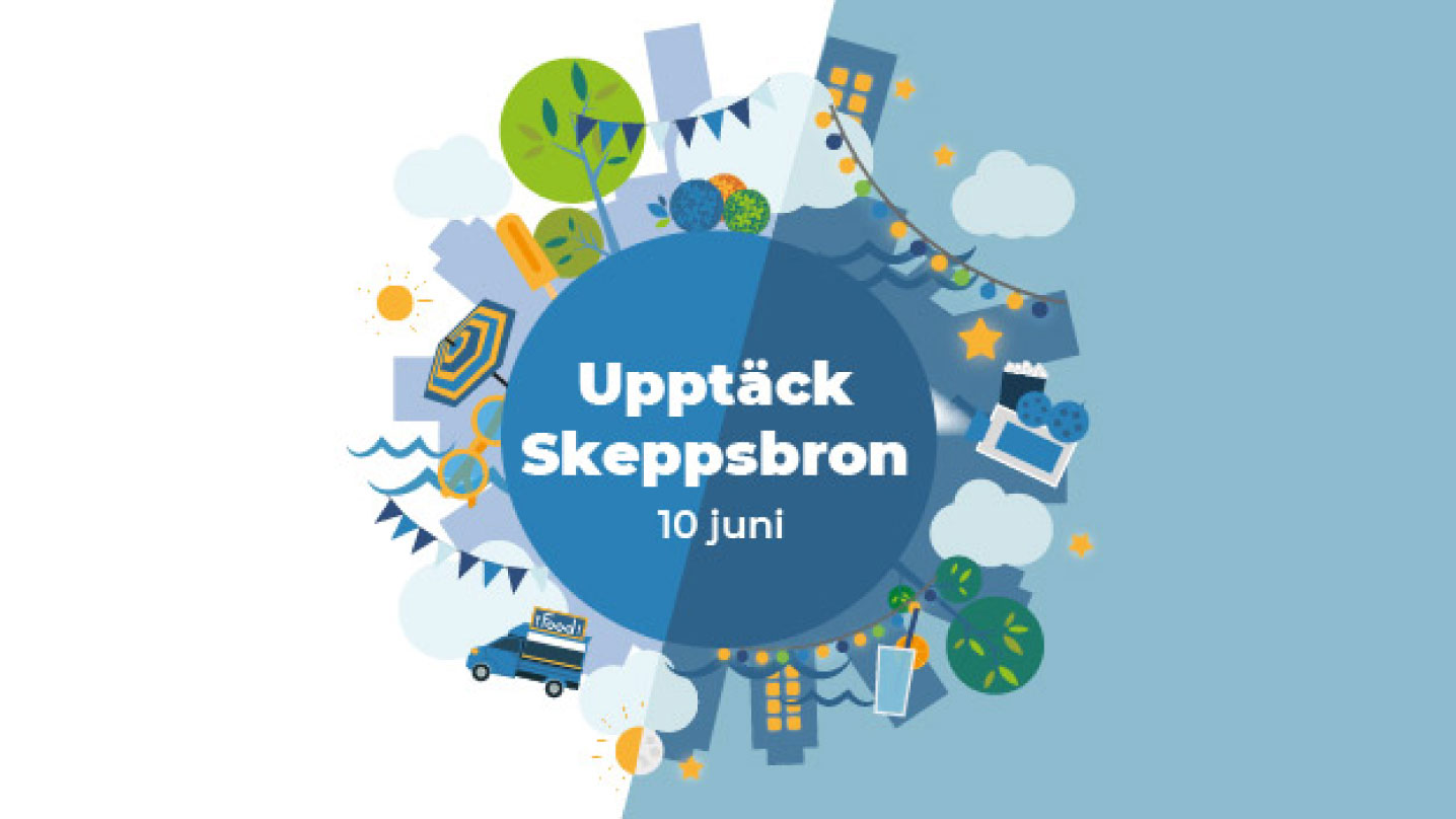 Illustrerad bild på en glob med byggnader som går runt den. Mellan husen finns bilar, vimplar, lampor, moln, träd, parasoll, glass och sol. I mitten står texten "Upptäck Skeppsbron"