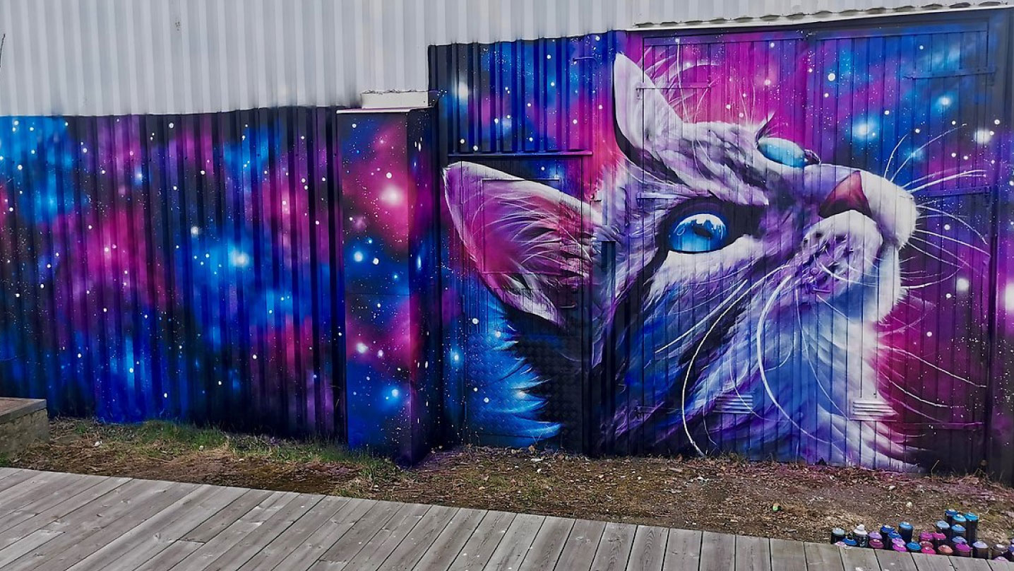 En muralmålning föreställande en katt i rymden, fylld med stjärnor. Färgerna går i lila, rosa, blå