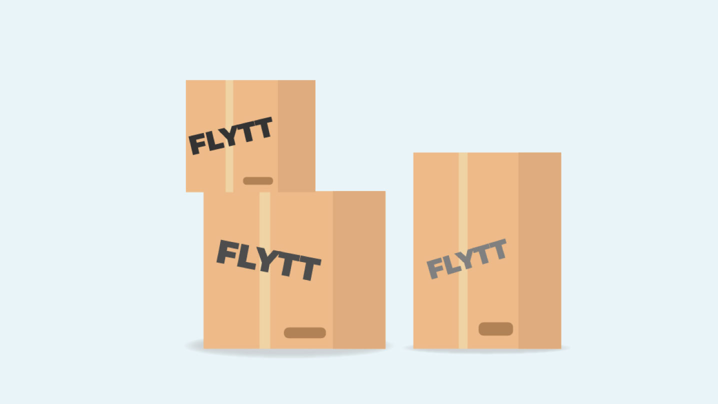 Ljusblå bakgrund, tre illustrerade flyttkartonger som det står "flytt" på.