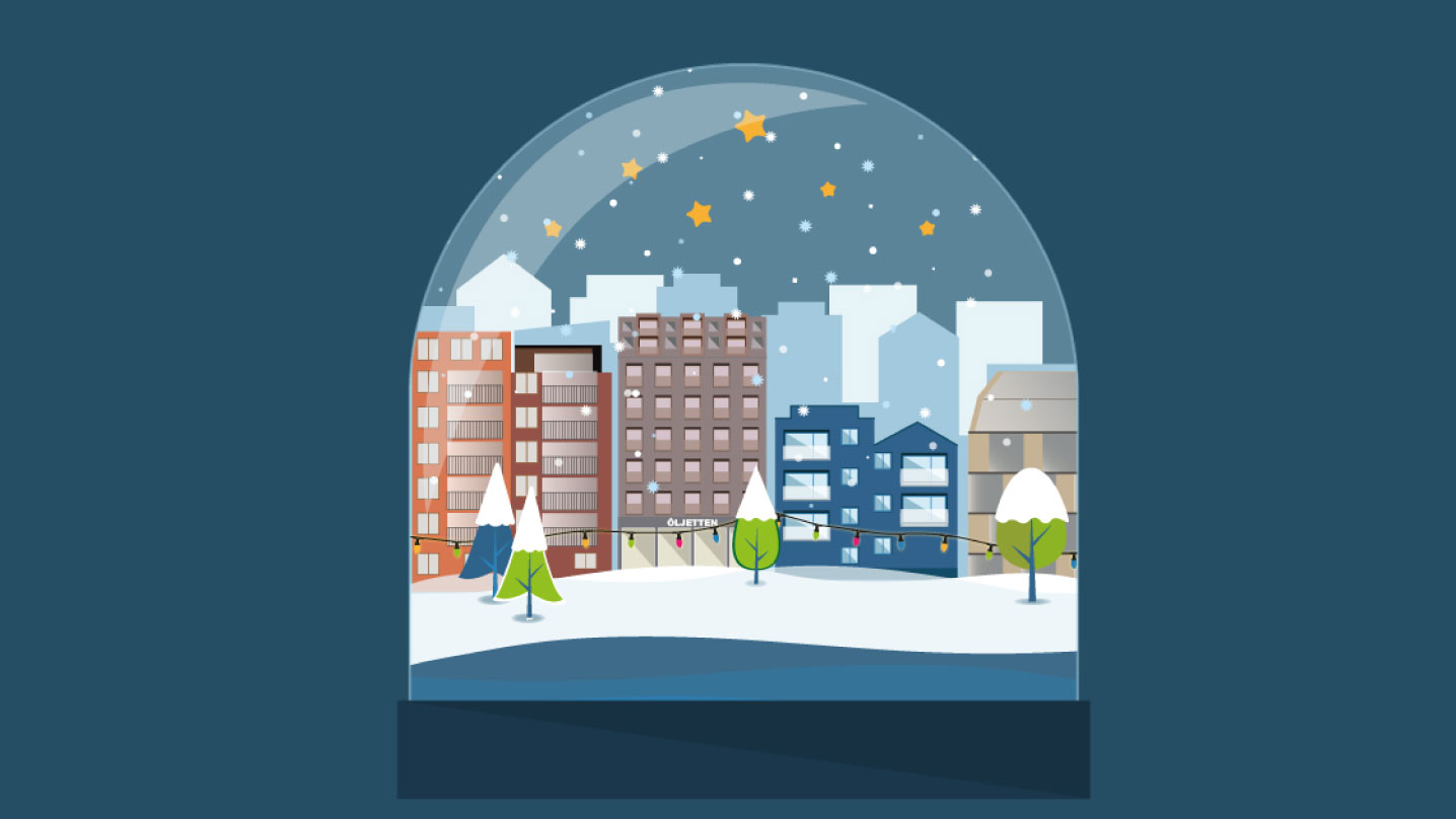 Illustration av en glaskupa med en vinterstad inuti.