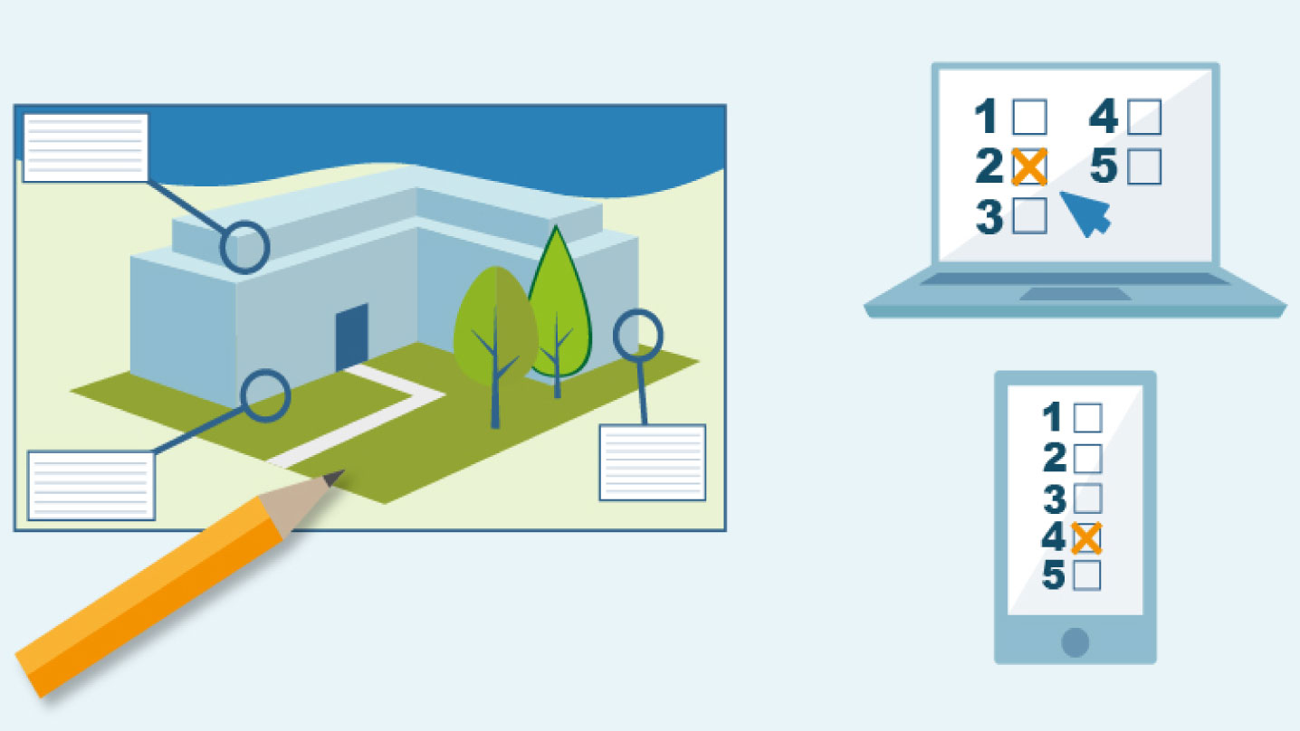 illustration på en penna framför ett papper med ett hus på. Till höger om dem är en illustrerad dator och ipad där skärmarna visar 5 rutor man kan välja att kryssa i.