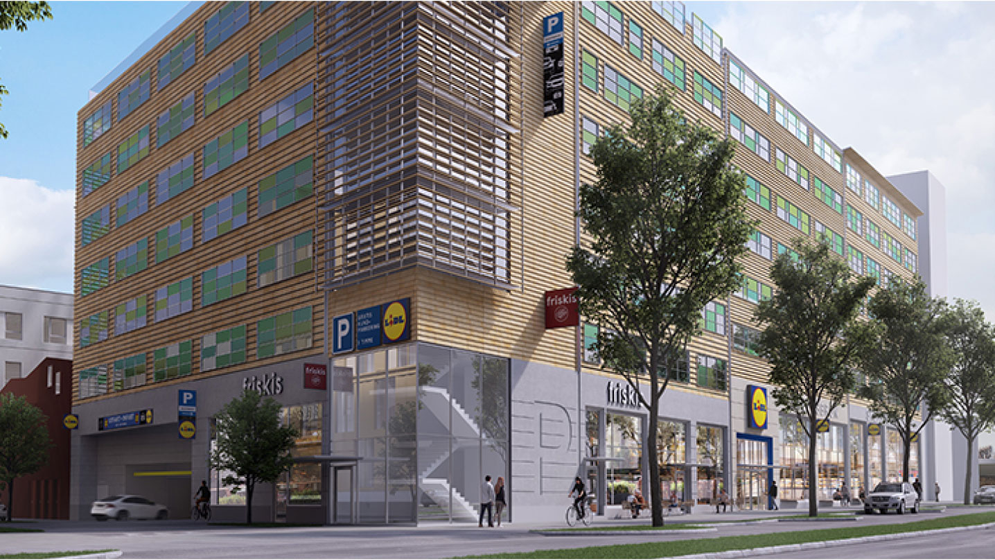 visionsbild på en stor hög byggnad i Skeppsbron med Lidl och Friskis på markplan. Utanför går gatan och träd följer trottoaren.