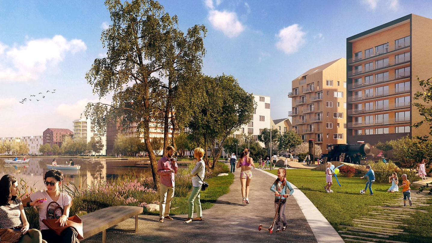 Visionsbild på Skeppsbron. Sjön till vänster, gångstråket i mitten och grönyta och bostäder till höger. Massor av människor är ute och nyttjar ytorna.