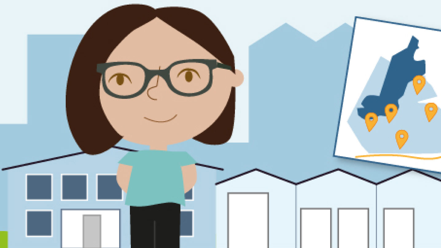 Illustration av en kvinna som står framför flera hus. Bredvid henne ser man en karta.