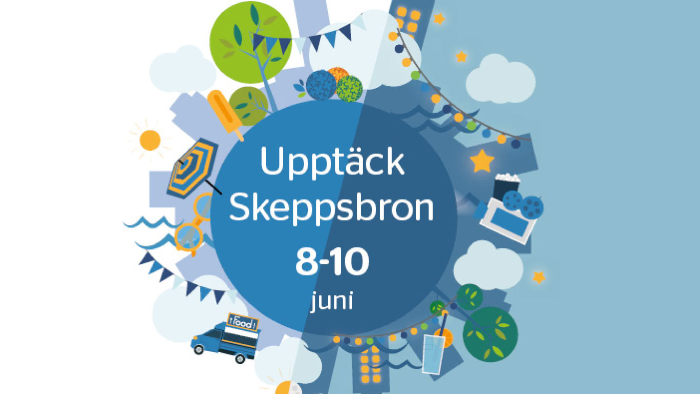 Illustrerad bild på en glob med byggnader som går runt den. Mellan husen finns bilar, vimplar, lampor, moln, träd, parasoll, glass och sol. I mitten står texten "Upptäck Skeppsbron"