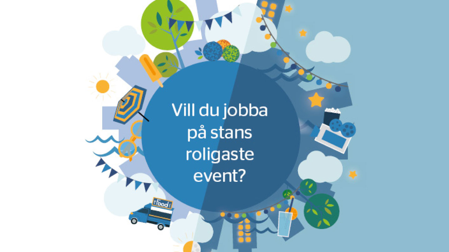 Illustrerad bild på en glob med byggnader som går runt den. Mellan husen finns bilar, vimplar, lampor, moln, träd, parasoll, glass och sol. I mitten står texten "Vill du jobba på stans roligaste event?"