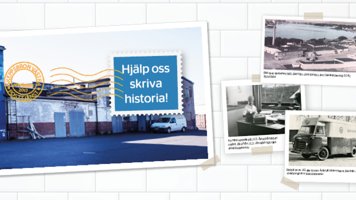 Gamla vykort och polaroidbilder sitter på en kaklad vägg. Ett frimärke är satt på dem där det står "hjälp oss skriva historia!".