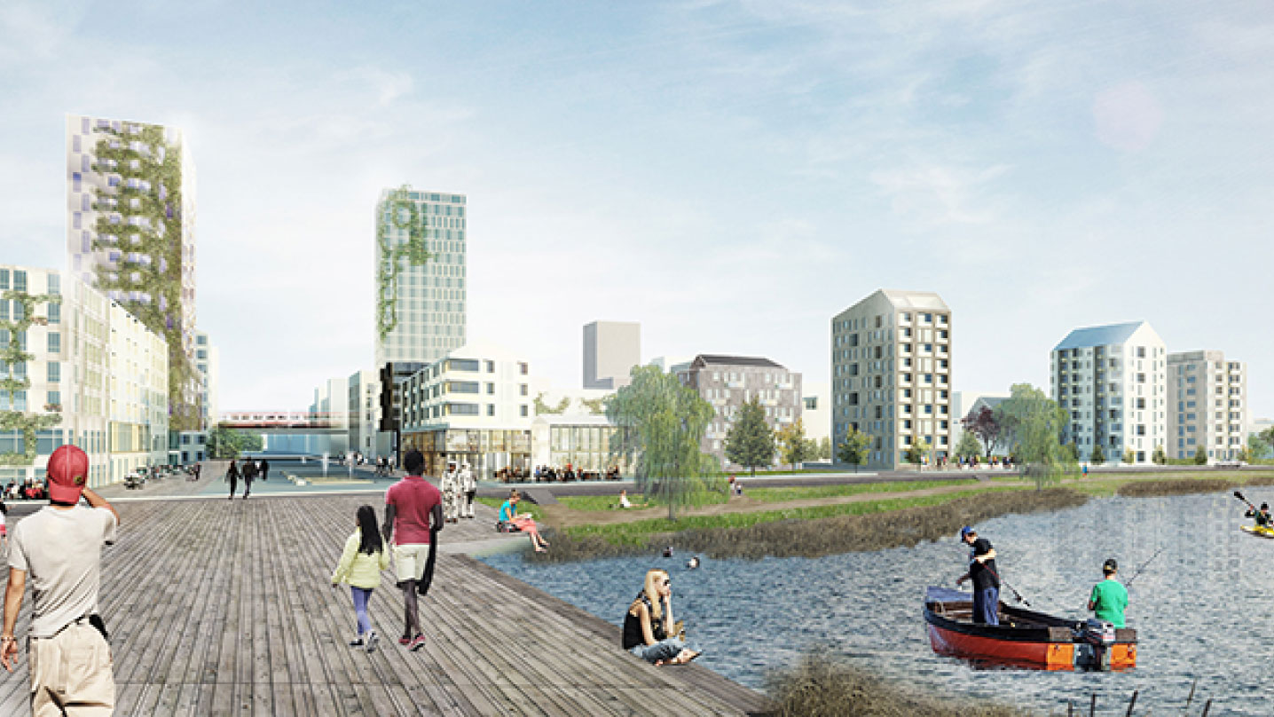 Visionsbild i Skeppsbron. Vyn är utifrån en brygga och in mot land. Flera människor är ute och går på bryggan, på gångvägarna och gör aktiviteter i vattnet. På land står flera höga flerbostadshus uppradade.