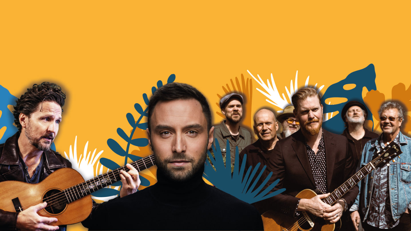 Gul bakgrund med illustrerade blommor och blad i olika färger. Pressbild av Moneybrother till vänster, Måns Zelmerlöw i mitten och Sven Ingvars till höger