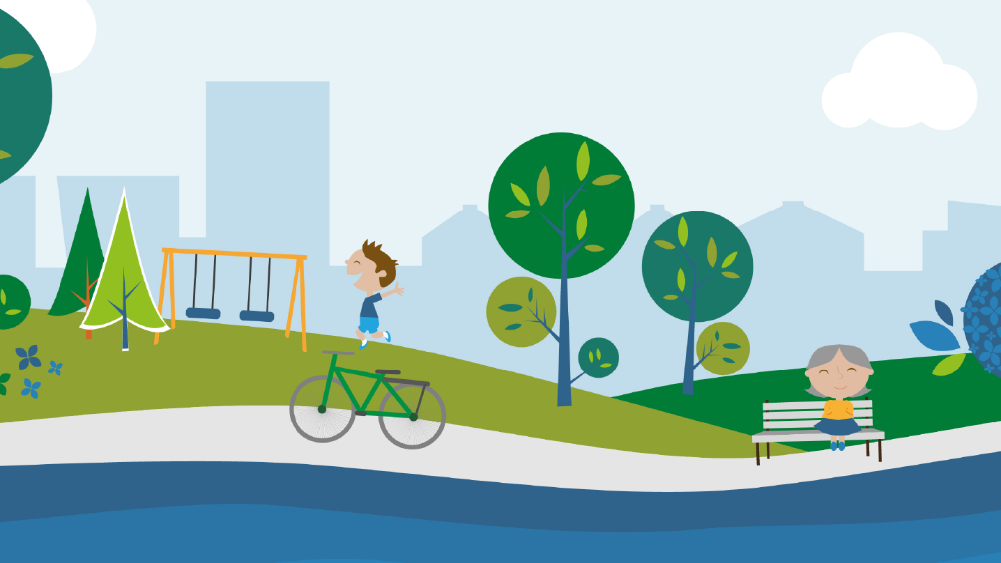 Illustration på en park med vatten framför. På grusvägen cyklar en kille, en dam sitter på en bänk. Bakom dem finns en gungställning på grönt gräs. Runt om är massa gröna träd.
