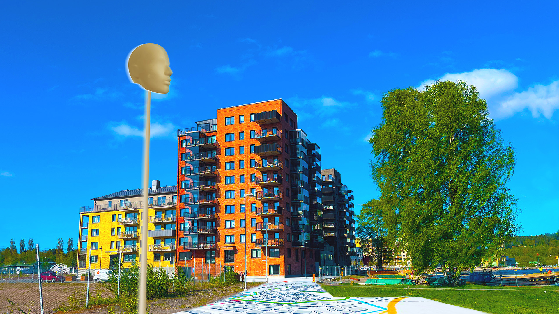 I förgrunden syns ett huvud som fungerar som gatubelysning, upphöjd på en pinne. I bakgrunden syns ett högt hus i rött tegel.