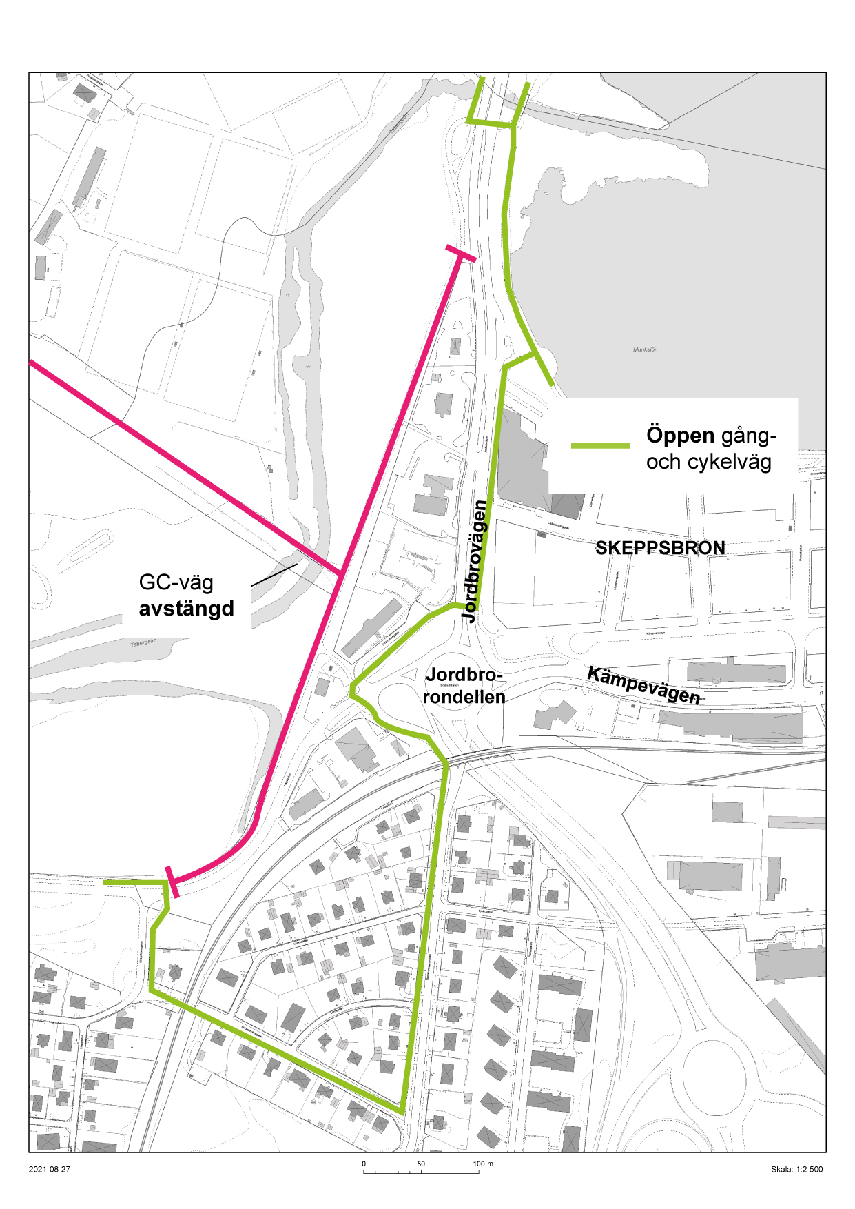 Karta som visar Den avstängda GC-vägen vid Jordbron. Gående och cyklister leds istället om via Haga/Strömsholm, upp förbi Jordbrorondellen och sedan förbi byggnationen vid Skeppsbron.