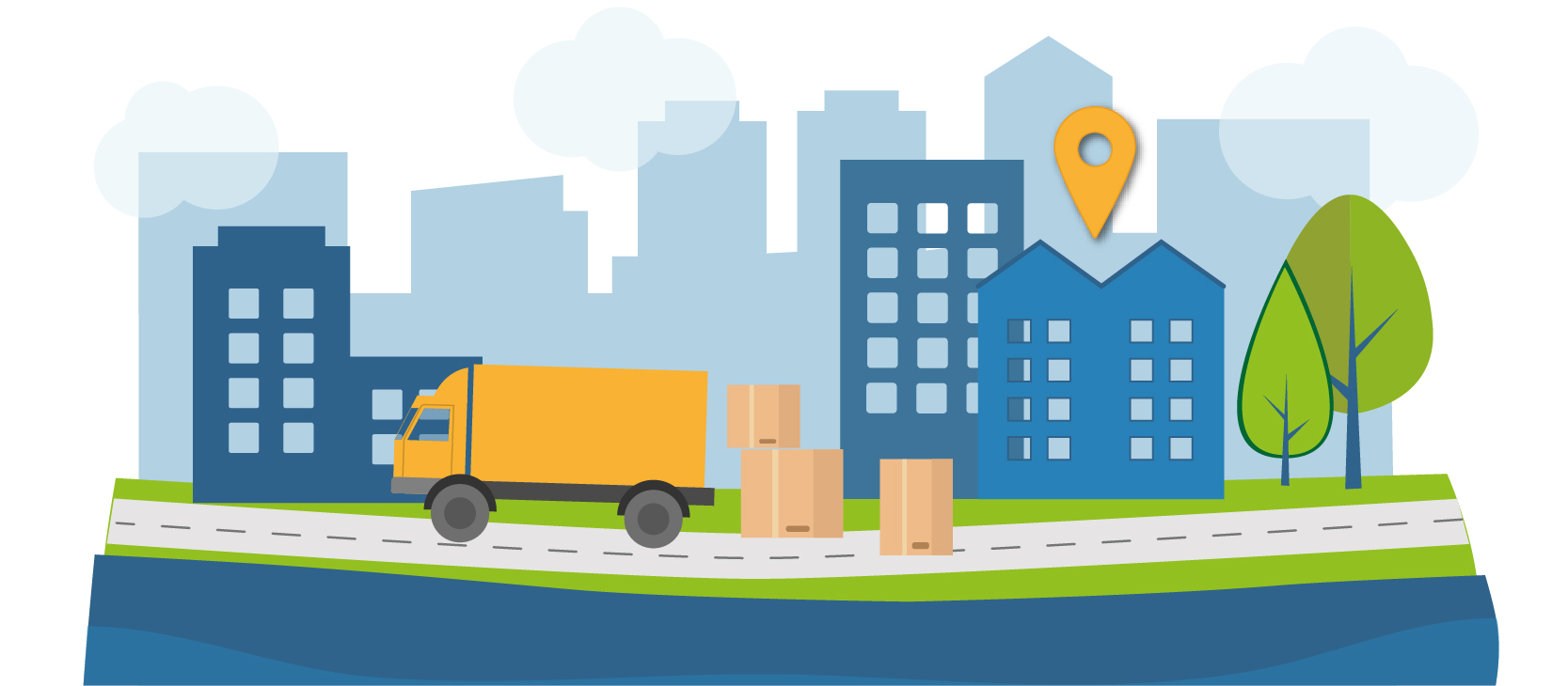 Illustration som symboliserar logistik och paketleveranser i stadskärnan