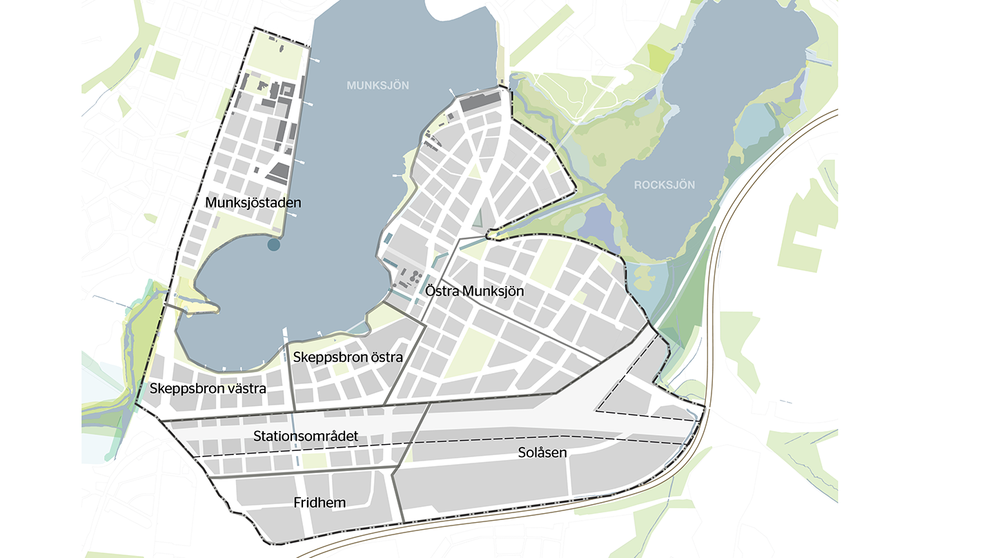 Karta över Södra Munksjöns utvecklingsområde med delområdena Munksjöstaden, Skeppsbron västra, Skeppsbron östra, Stationsområdet, Fridhem, Solåsen och Östra Munksjön samt Munksjön och Rocksjön.