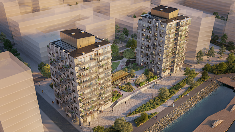 Visualisering av bostadshus och grönskande stråk längs Munksjön.