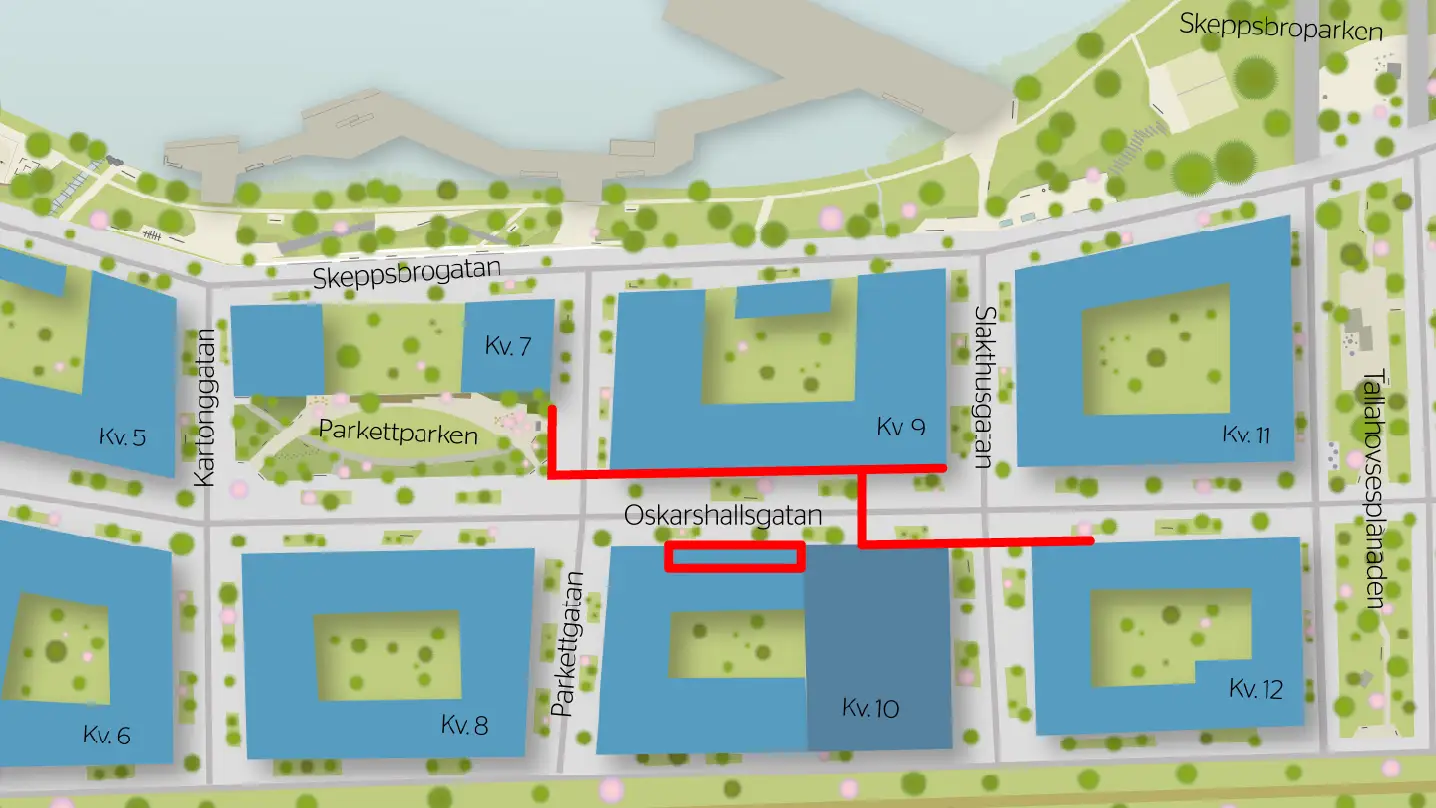 Illustrerad karta som visar en röd linje på Oskarshallsgatan utanför kvarter 9.