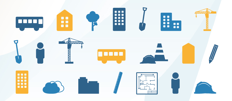 grafiska bygg-symboler: buss, hus, träd, lyftkran, spade, linjal, ritning, penna mm. 
