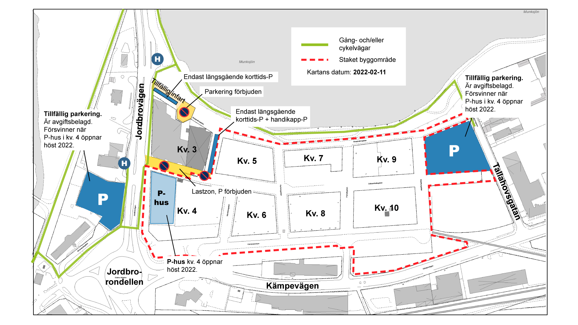Detaljerad karta som visar parkeringssituationen i västra delen av Skeppsbron som den ser ut i februari 2022. Även vissa gång- och cykelvägar är markerade i bilden. Informationen i bilden finns i text på sidan om parkering i Skeppsbron.