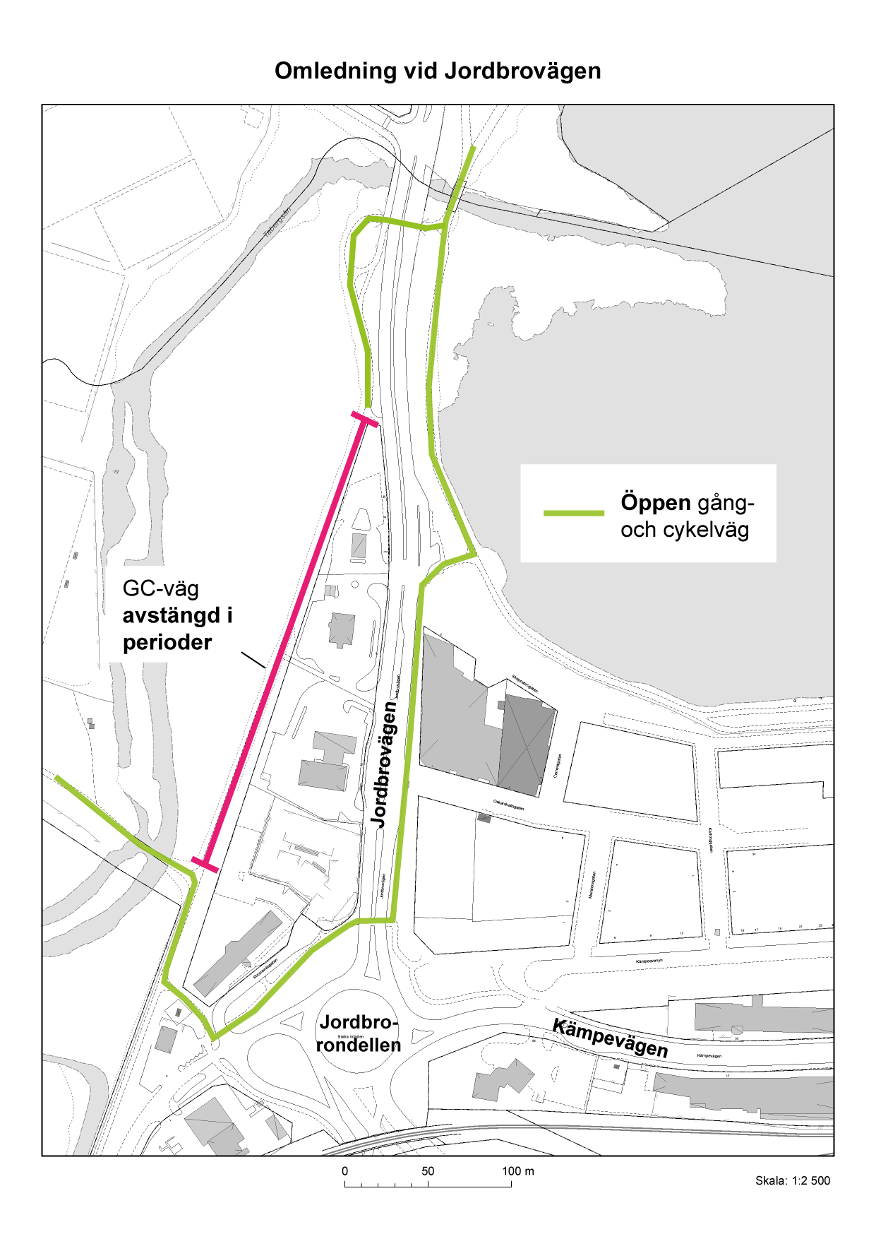 En svartvit karta över Jordbrovägen, Jordbrorondellen, byggnader där MAX, OKQ8 och Good morning Hotell ligger. En mörkt rosa markering visar den sträckning som kommer vara avstängd i perioder när Jönköping Energi arbetar. En ljust grön linje markerar vilka GC-vägar som kommer vara öppna i stället. 