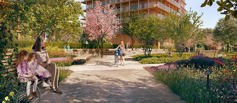 Visionsbild över en liten park i Skeppsbron. I bilden syns prunkande blomsterplanteringar i olika färger, träd och buskar, en parkbänk med en vuxen och två barn och en person som leder en cykel.