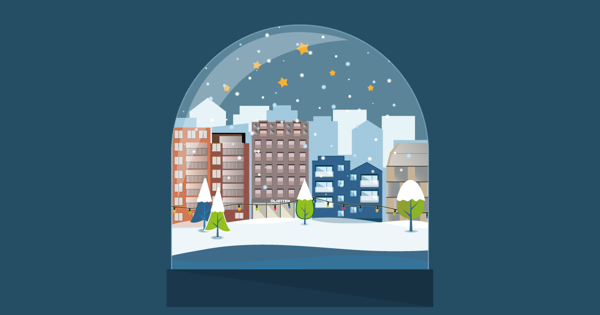 Illustrerad bild med en stad i snöglob. Man ser stjärnor och snö som faller över byggnader, träd och en sjö. 