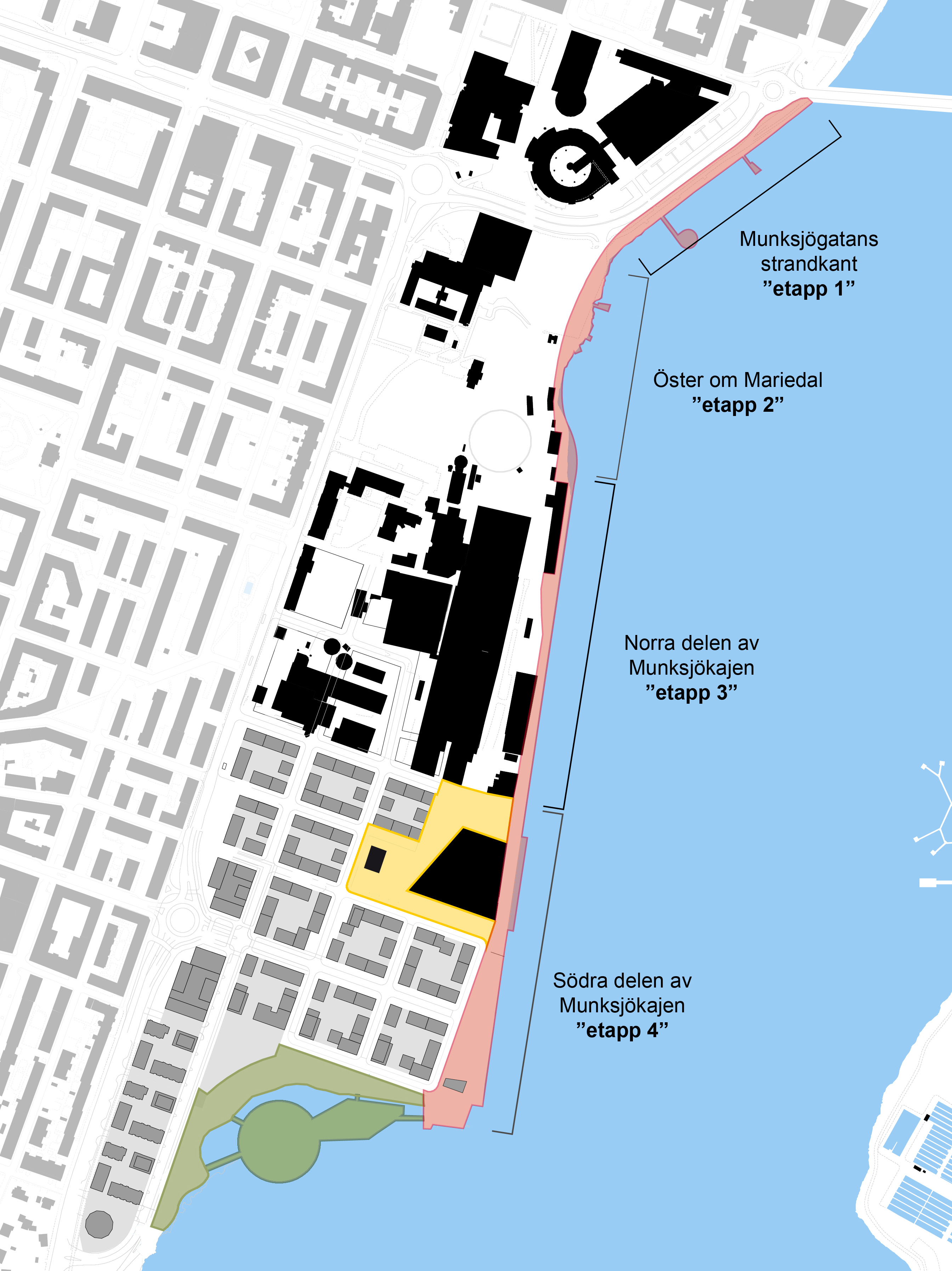 Illustrerad karta med den långsmala kajsträckan utmarkerad längs med Munksjön. Kajen består av fyra delar. Från norr kallas de: "Munksjögatans strandkant - etapp 1", "Öster om Mariedal - etapp 2", "Norra delen av Munksjökajen - etapp 3", "Södra delen av Munksjökajen - etapp 4". 