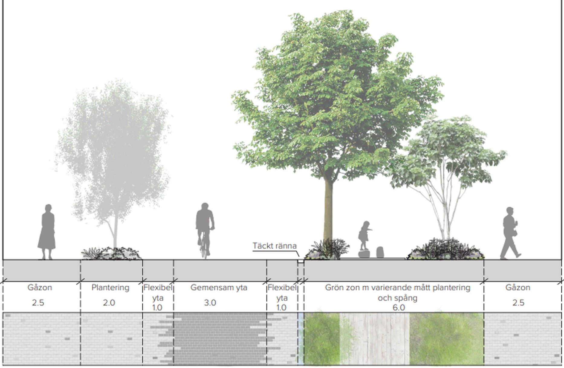 Illustrerad bild som visar gåzon 2,5 meter, plantering 2 meter, flexibel yta 1 meter, gemensam yta 3 meter, flexibel yta 1 meter, grön zon 6 meter och gåzon 2,5 meter.