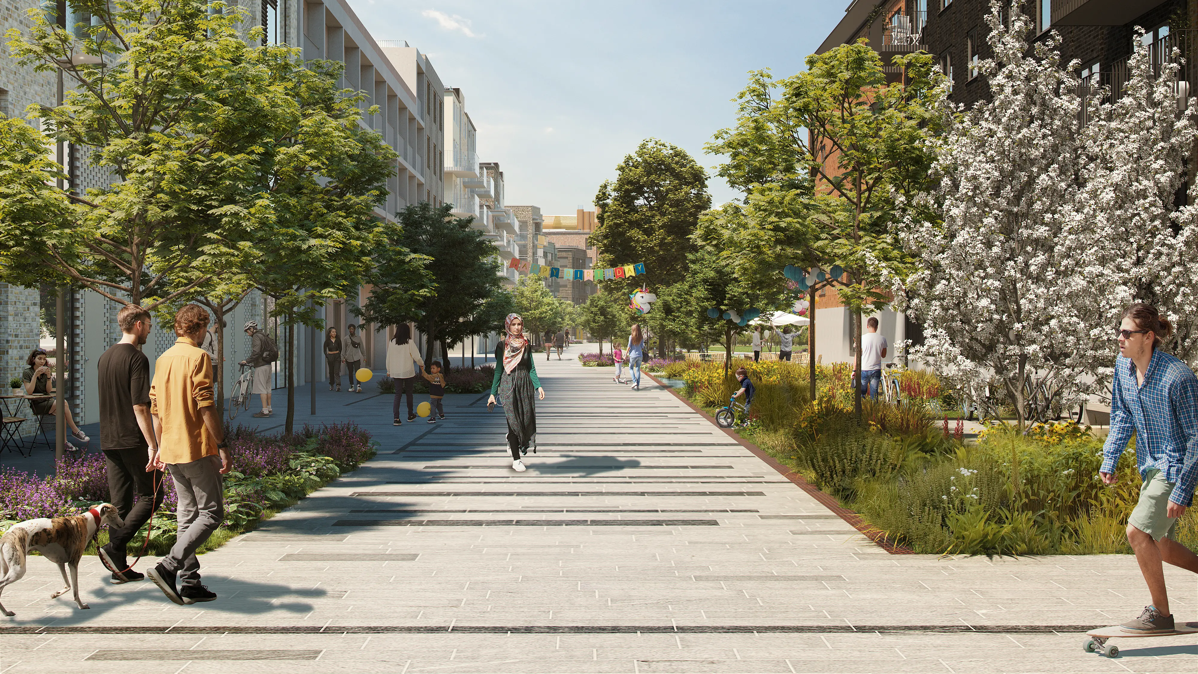 Visionsbild på en gata mellan huskroppar. Gatan är stenlagd och i ytterkanter finns träd och planteringar. Människor rör sig på gatan.