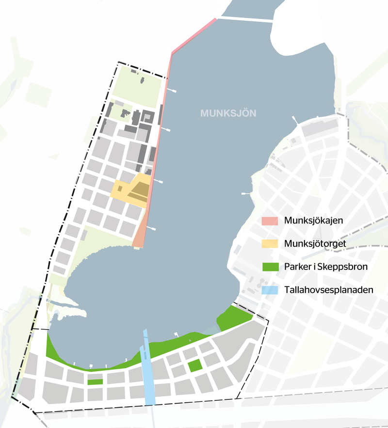 Karta över Munksjökajen samt parkerna i Skeppsbron.