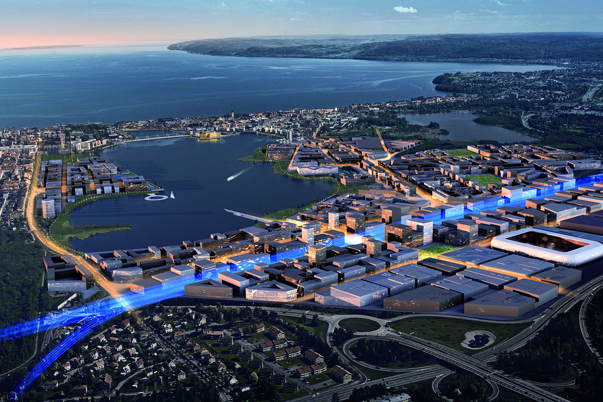 Visionsbild över den långsiktiga utvecklingen av Södra Munksjön. Området omfattar cirka 296 hektar och utvecklas successivt under lång tid.