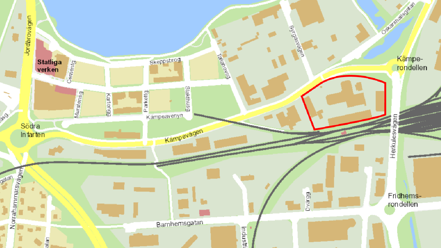 Illustrerad karta över Skeppsbron. Området runt SMUABs kontor är markerat i rött.