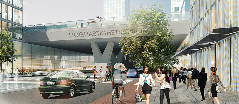 Visionsbild som visar tanken med en upphöjd höghastighetsjärnväg. Under järnvägen kan bilar, cyklar och bussar köra, människor promenera och kommersiella lokaler få plats. Allt detta försöker bilden demonstrera. 