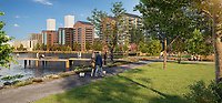 En grönskande park med människor som promenerar längs vattnet. I vattnet syns flertalet bryggor.