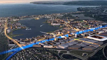 Visionsbild över Jönköping med Skeppsbron i fokus. Man ser staden ovanifrån. En blå och flera gul linjer visar framfarten av trafik.