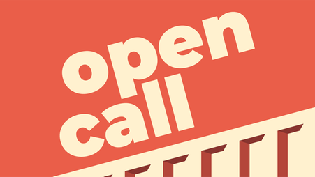 Grafisk bild i röd och beige med texten "open call"