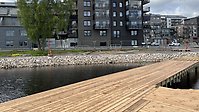 Träbrygga. Ett svart hus och grönt träd syns i bakgrunden