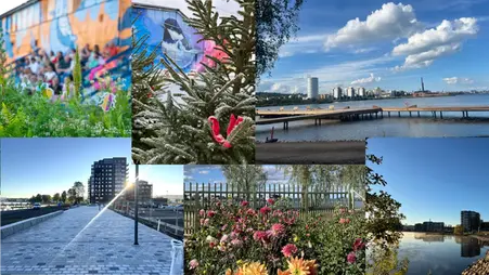 Kollage med bilder föreställande en stenlagd gata, bryggor i en sjö, blommor, en gran i förgrunden av en isbana, höghus som ligger vid en sjö och människor som sitter i en gradäng.