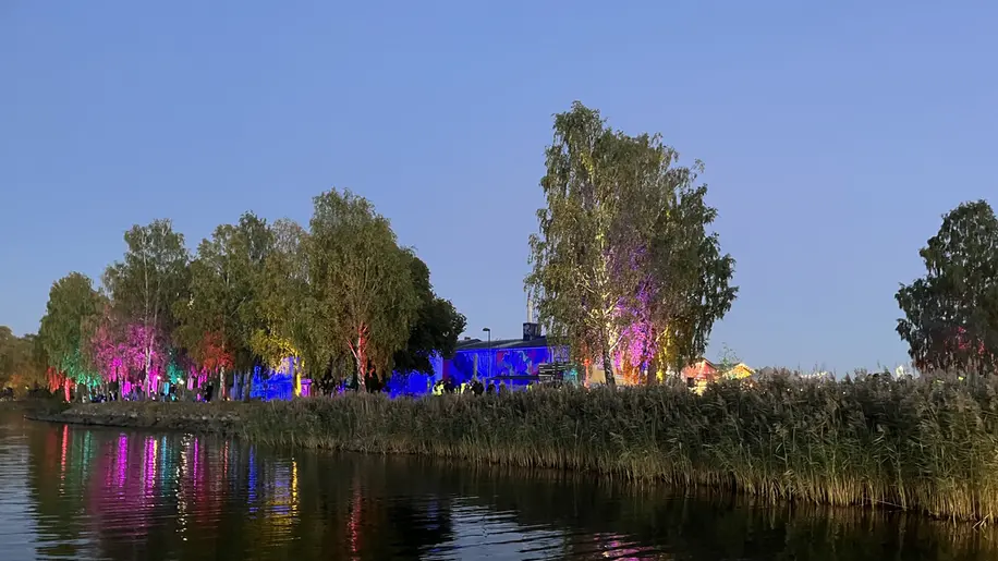 Färgglada ljusinstallationer lyser upp träden längs Munksjön under Septemberljus.