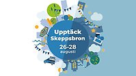 Illustration med stadssiluett och somriga föremål. Text i bild "Upptäck Skeppsbron, 26-28 augusti"... 
